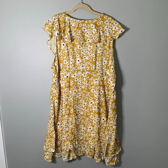 NEW Suzanne Betro yellow floral ruffle faux wrap knee length stretch dress - Picture 6 of 10